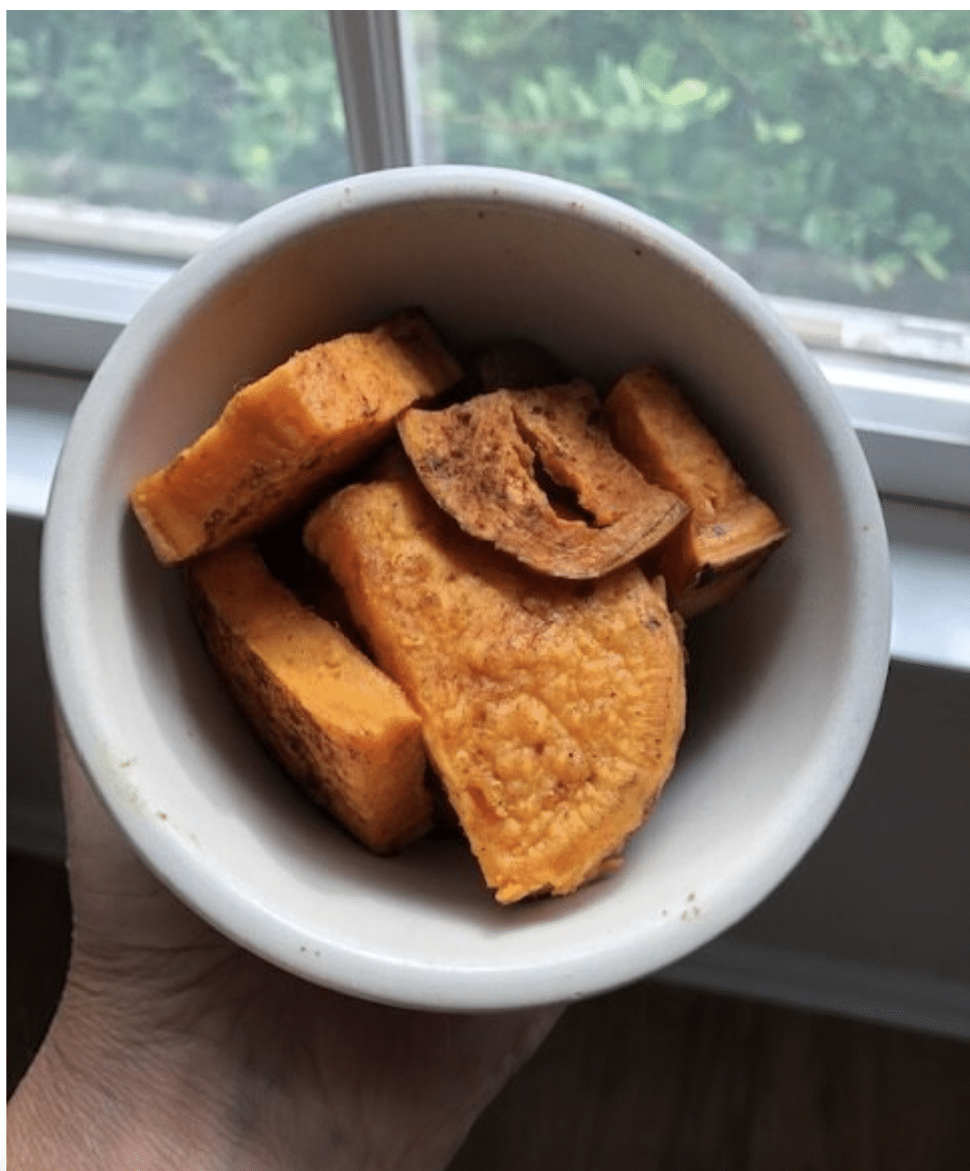 white bowl containing sweet potato wedges